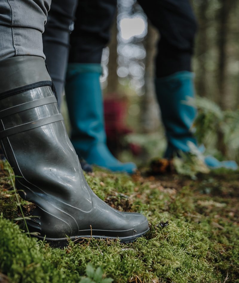 A low angle view of a group of people wearing rubber boots in the garden on a blurry background